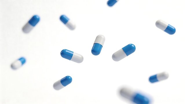 Blue and white capsules in motion