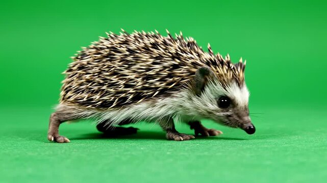 A cute hedgehog walking on a vibrant green screen, showcasing its unique features and textures with a focus on its quills and expression