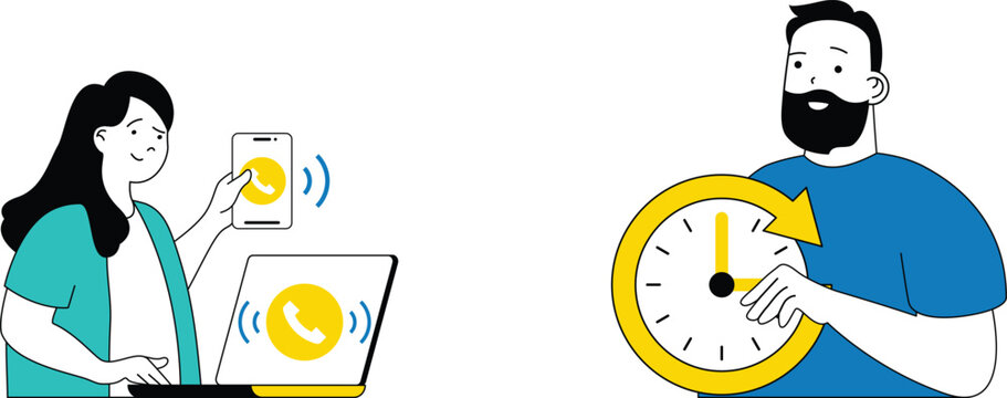 A woman using mobile and laptop while man turns clock hand showing time management and communication syncing