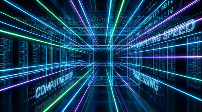 Abstract digital network tunnel with glowing light beams representing high-speed data transfer and processing in a futuristic technology concept