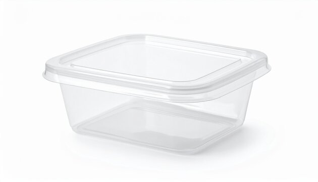 A mockup of an empty plastic disposable food container with a lid is isolated on a plain surface.