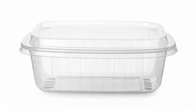 A clear plastic container with a lid sits on a white surface in a kitchen environment for food storage purposes