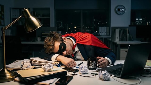 Exhausted office worker in superhero red cape sleeping on messy desk with laptop and headphones during late night overtime shift showing burnout and work overload