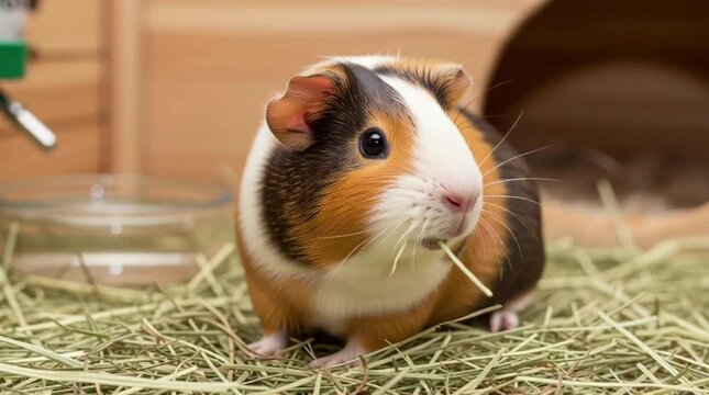 A tricolored guinea pig eating hay in a cage with a water bowl