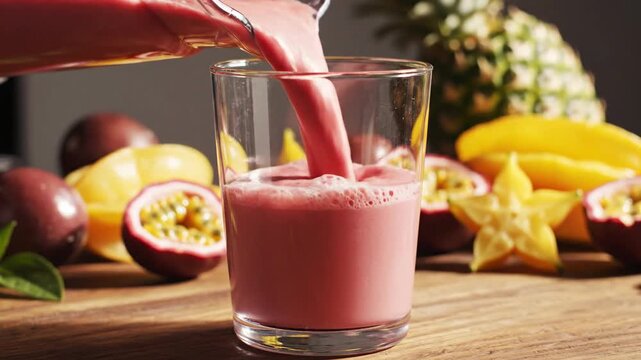 A vibrant pink guava smoothie being poured into a clear glass surrounded by tropical fruits