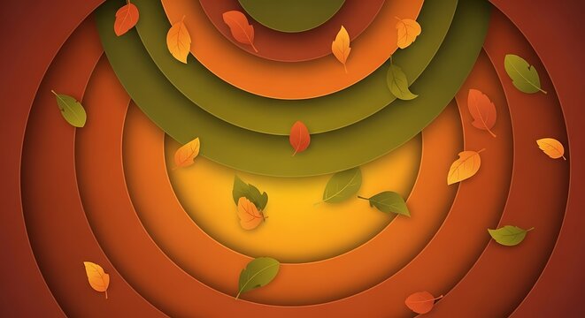 Whimsical concentric circles with autumn leaves and hidden figures in a cozy scene