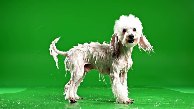 A small dog energetically shaking water off its fur, splashing droplets against a bright green backdrop, showcasing playful movement