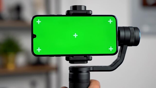 Smartphone mounted on a gimbal with a green screen background, ideal for video production or remote filming