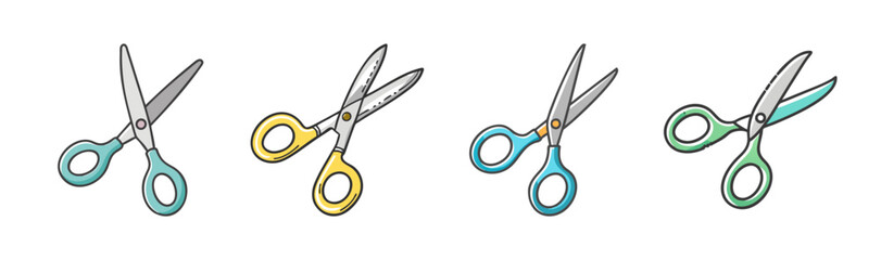 Fototapeta premium Four colorful scissors icons in a hand-drawn style, representing cutting and crafting.