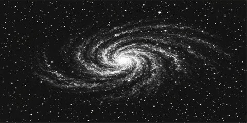 Abstract a captivating monochrome rendering of a spiral galaxy, with its arms swirling gracefully amidst a celestial sea of stars. © DreamLoom
