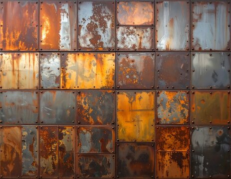 A close-up of a weathered, rusty metal wall with riveted panels