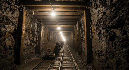 Underground Coal Mine Tunnel with Tracks and Dim Lighting. © Yanto
