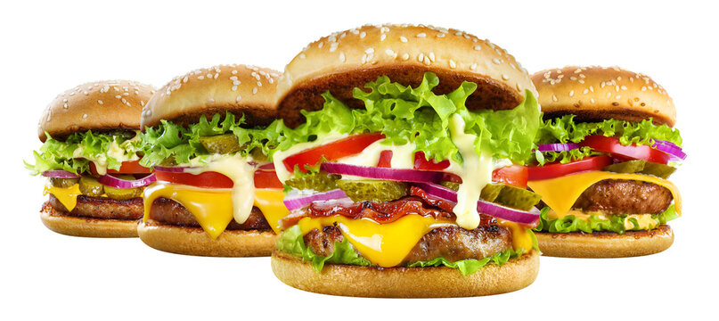 Set of delicious burgers, isolated on cutout transparent background