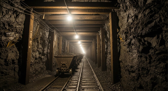 Underground Coal Mine Tunnel with Tracks and Dim Lighting.