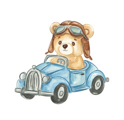 Fototapeta premium Watercolor Bear Driving Vintage Blue Car with Aviator Hat