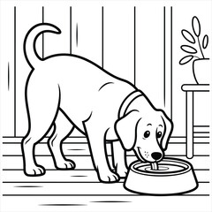 Naklejka premium A cute cartoon dog drinking water from a bowl in a cozy room