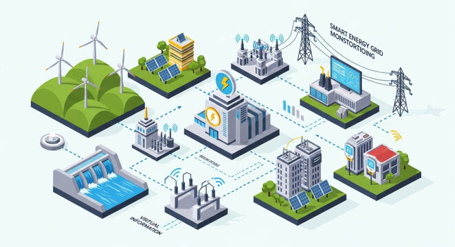 Isometric Illustration of Sustainable Energy Sources and Power Grid.