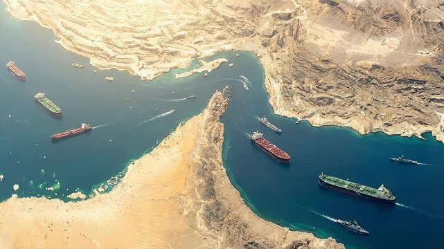 Aerial view of Strait of Hormuz with oil tankers and cargo ships navigating strategic narrow waterway between Iran and Oman representing global energy supply