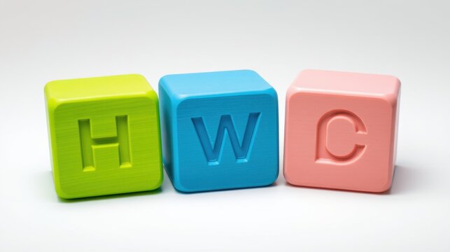 Colorful cubes display letters H, W, C. Simple composition, bright colors, educational toy concept. Minimalist studio shot.