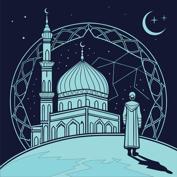 vector illustration of a mosque at night