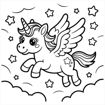 Cute flying unicorn with wings and stars coloring page line