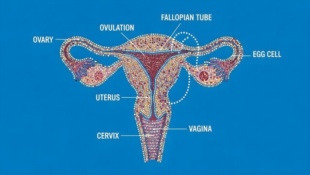 Detailed labeled diagram of the female reproductive system showing ovaries, ovulation, fallopian tubes, uterus, cervix and vagina, illustrating the pathway of the egg cell and key organs involved in h