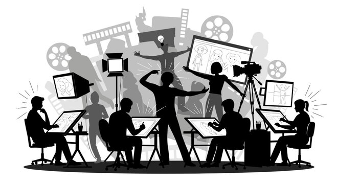 People working in film production team.