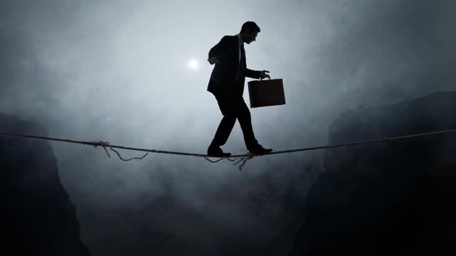 Silhouette of a businessman walks tightrope over dark canyon. He carries briefcase, arms out for balance. Misty, dramatic atmosphere shows risky business journey. Perfect for finance, leadership