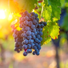 Fototapeta premium Sunlight bathes ripe dark grapes on the vine, ready for harvest