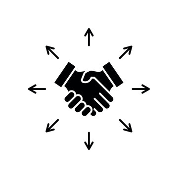 icon a trade expansion with central handshake and outgoing arrows, isolated against a clean background.