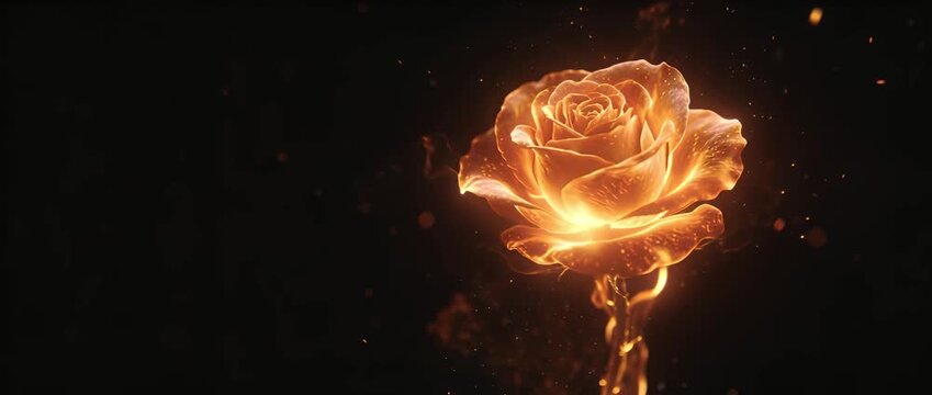 Gold rose fire glow fantasy light dark abstract magic petal stem golden rose burning bloom surreal fantasy art luminous flame romantic symbol radiant glowing flower fiery bloom above