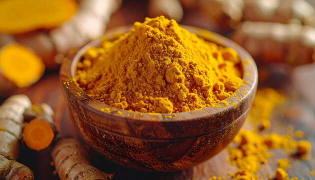 Turmeric powder in bowl, fine grain texture, raw turmeric roots beside, natural medicine and spice