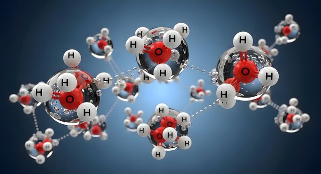 A detailed molecular structure showing multiple water molecules connected by hydrogen bonds with oxygen atoms in red and hydrogen atoms in white suspended against a deep blue gradient background space