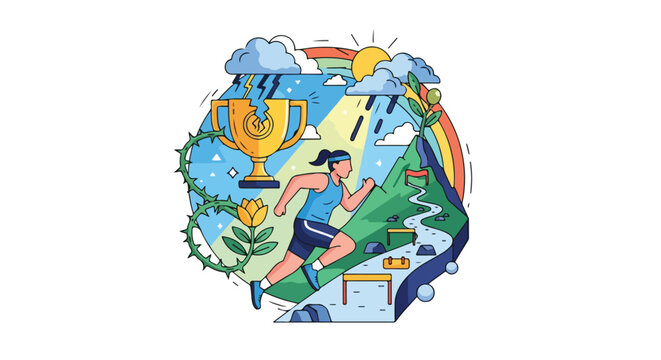 An illustration showing a runner navigating a path, under a rainbow and weather