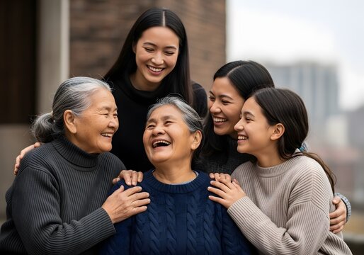 Five generations of Asian women laughing together outdoors.