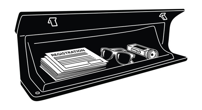 Vehicle glove compartment contents shown in a stark black silhouette