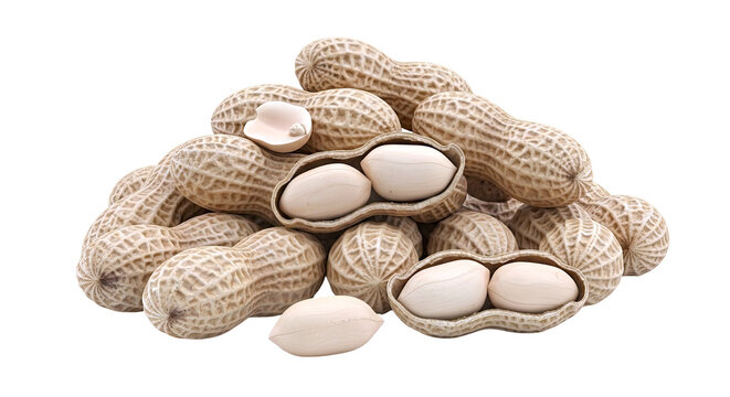 Pile of unshelled and shelled peanuts on a white background