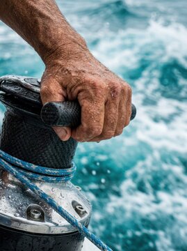 Extreme close-up of a senior hand on a carbon-fiber winch. Sea spray, tanned skin, and high-speed turquoise water. Active elite senior lifestyle.