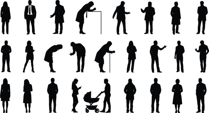 Collection of diverse human silhouettes in various poses, standing, walking, gesturing, bending, and interacting, perfect for design references, demographics, and creative illustration projects.