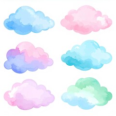 Obraz premium set of colorful watercolor vector clouds in pastel pink blue and purple isolated on white background