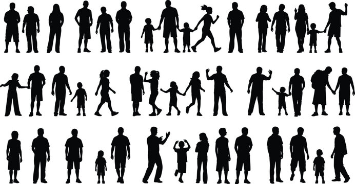 Collection of diverse silhouettes featuring adults and children in various poses, walking, standing, holding hands, and interacting, ideal for social design, diversity, and family projects.