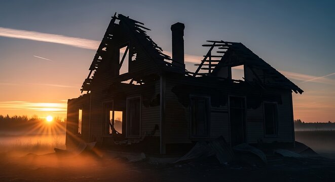Abandoned house at sunset landscape scene.