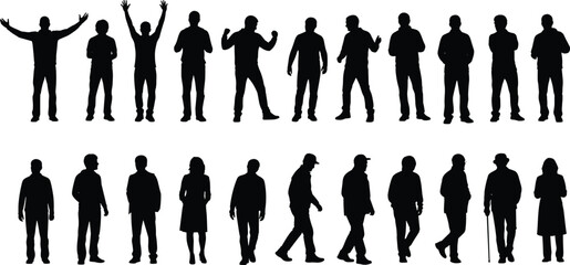 Silhouette collection of diverse human figures in expressive poses, walking stances, and gestures, showcasing body language variety for design, animation, and creative illustration projects © its