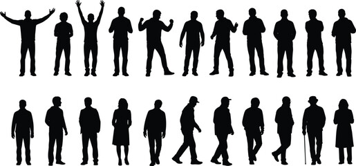 Silhouette collection of diverse people in expressive poses, walking stances, and gestures, highlighting human posture, movement, and body language for design, animation, and illustration projects © its