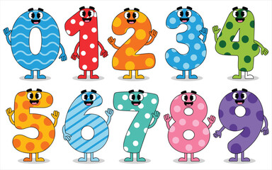 Fototapeta premium A set of cute cartoon numbers from zero to nine with colorful patterns