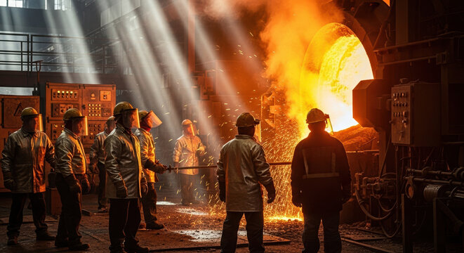 Steelworkers in protective suits at a foundry furnace. Industrial workers in a metal factory. Heavy industry manufacturing process