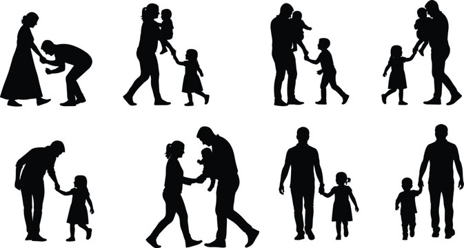 "Silhouette illustration of adults interacting with children in nurturing family poses including walking, holding hands, carrying, and standing together for caregiving design projects"