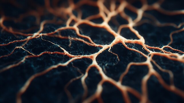 Close-up image of an intricate network of branching, vein-like structures glowing against a dark background.