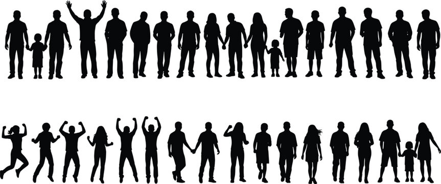 "Silhouette illustration of diverse adults and children arranged in two rows showing standing, walking, and dynamic poses representing human interaction and social diversity"