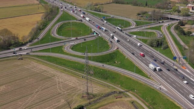 Drone View Cloverleaf Highway Interchange Road Network. Italy, Milan